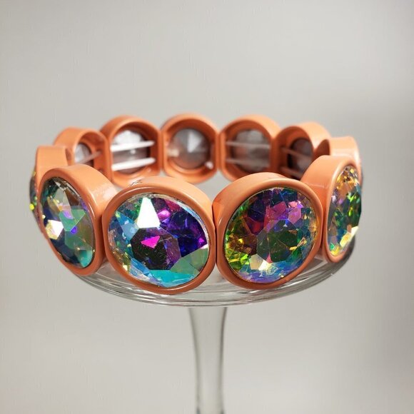 Chunky Iridescent Rhinestone Stretch Salmon Pink bracelet - Bold Women's Jewelry - Picture 6 of 8